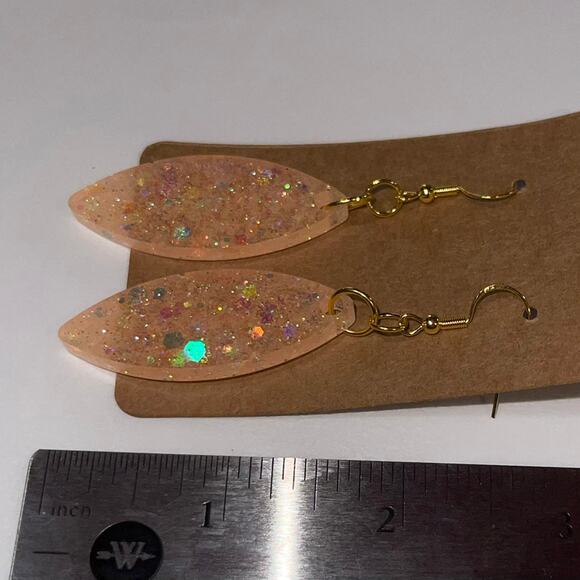 Handmade epoxy resin marquis shape dangle earrings-peach w/ holographic glitter - Picture 4 of 4